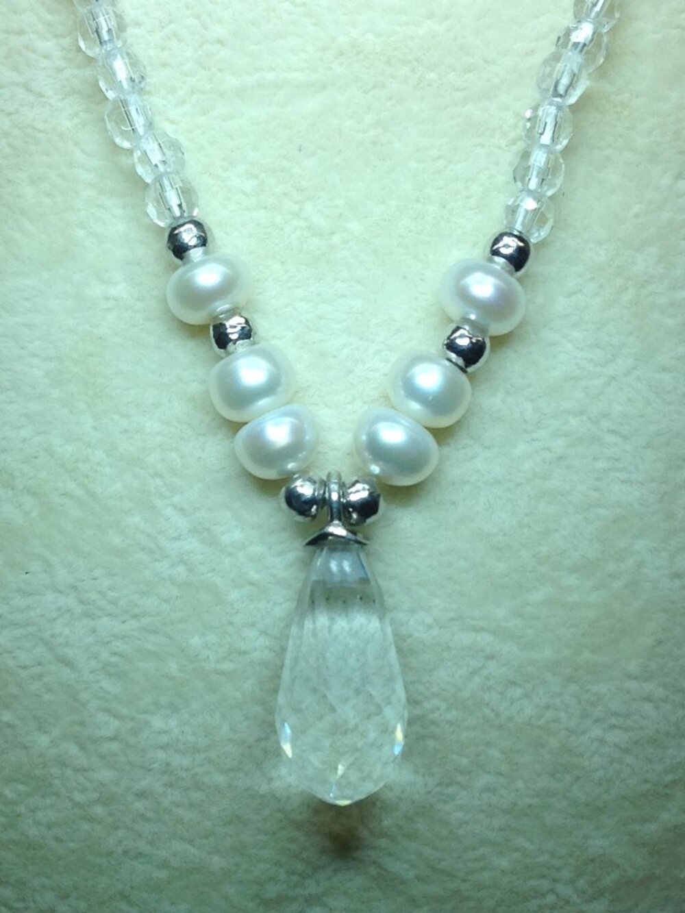 White Faceted Quartz Beads and Freshwater Pearl Necklace.